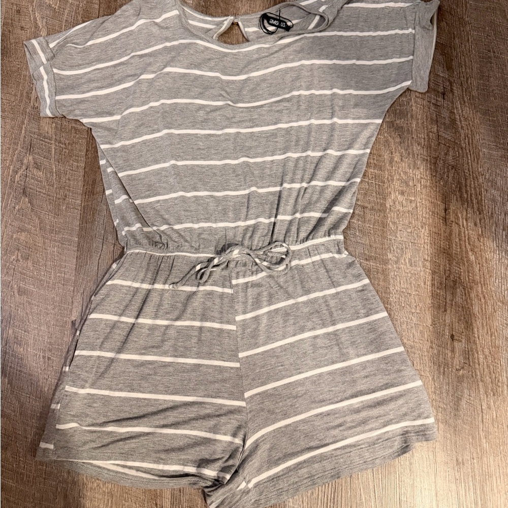 Gray & White Striped Romper with Drawstring Waist no size tag see measurements